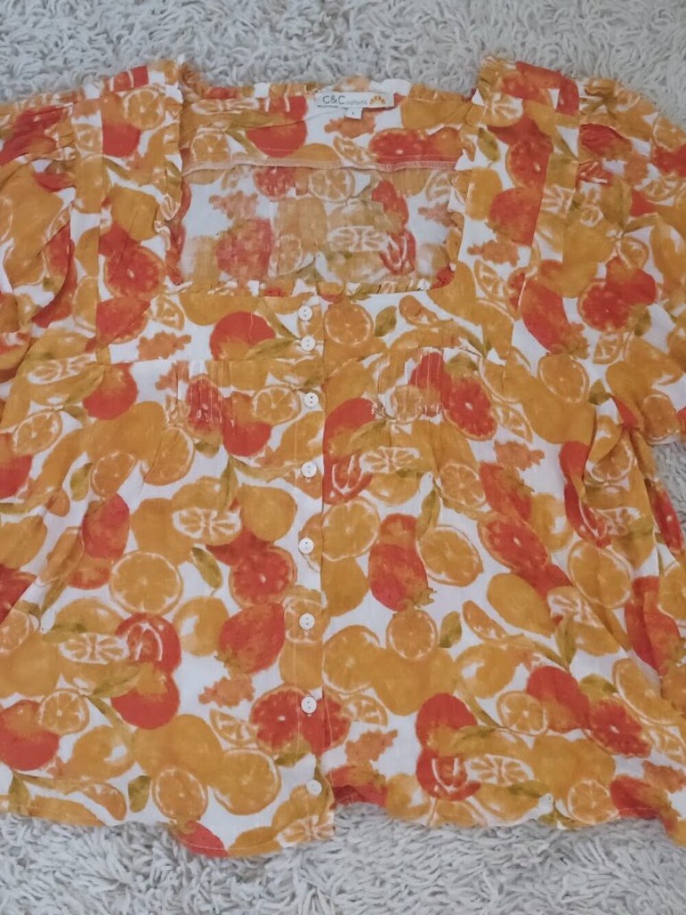 C&C California Fruit Print Blouse Womens L Orange Citrus Boho Peasant Rayon